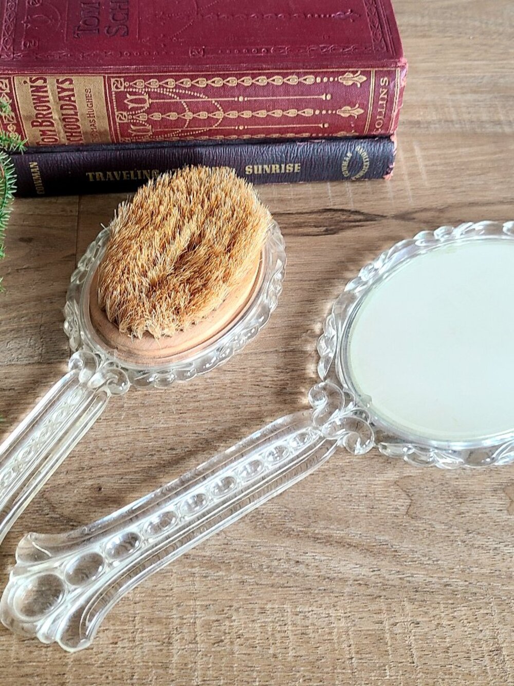Vintage 1930s Art Deco Lucite Vanity Hand Mirror and brash.